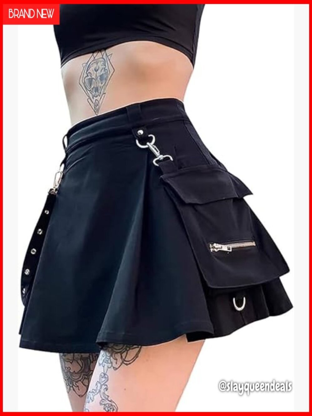 High Waisted Pleated Mini Skirt with Chain Detail and Side Pocket